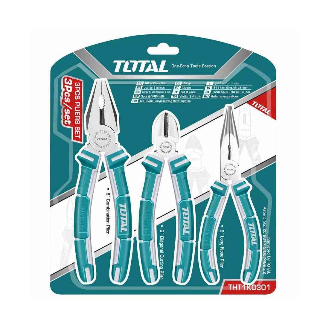 TOTAL 3 pinze professionali, pinza a becchi lunghi, tronchese e pinza combinata