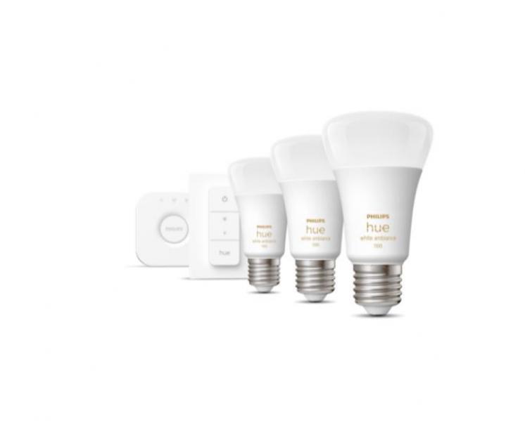 PHILIPS HUE STARTER KIT 3 LAMPADINE E27 11W WHITE AMBIANCE + BRIDGE + DIMMER SWI
