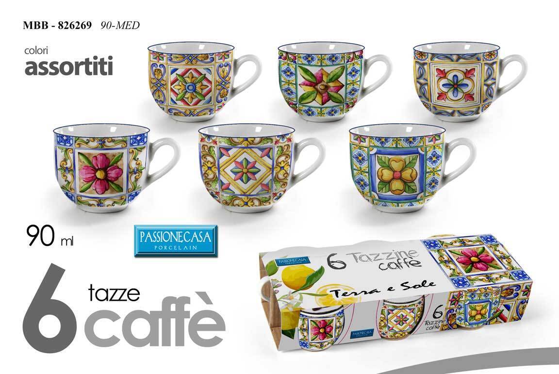 SET 6 TAZZINE Caffè TAZZA SERVIZIO CLASSICO MODERNO COLOR MEDITERRANEO 90 ML