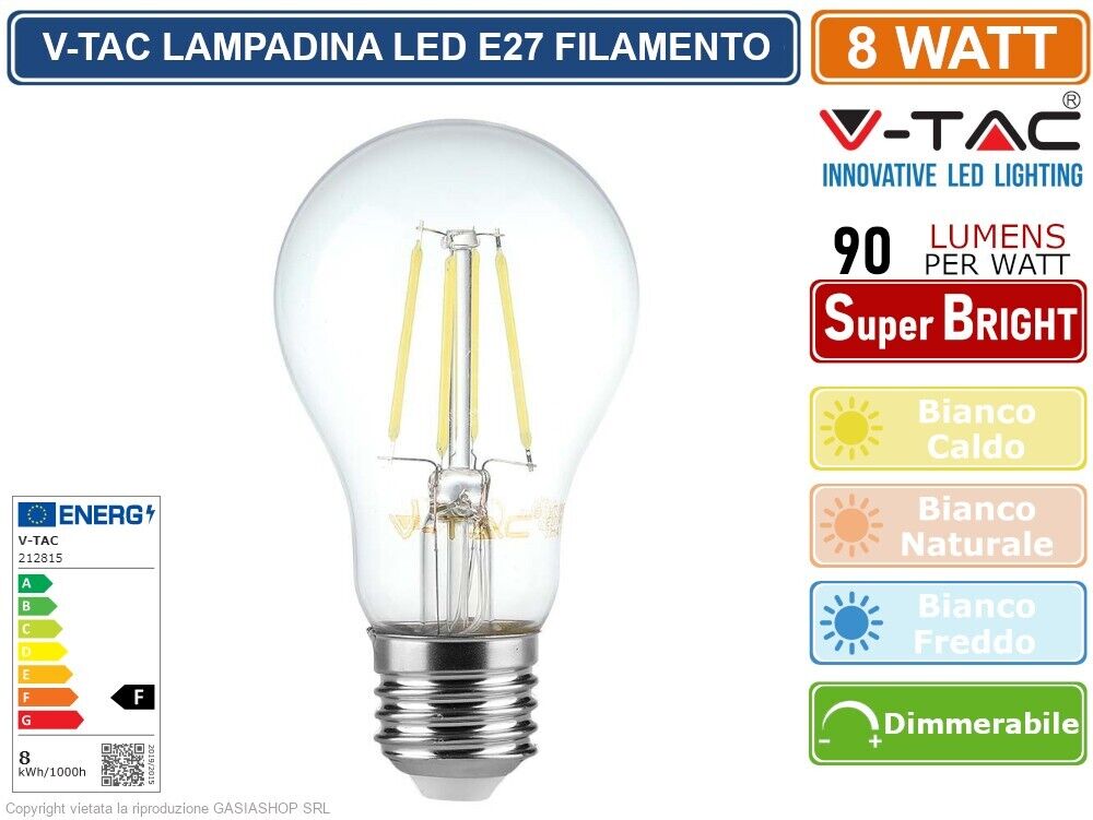 V-TAC VT-2288D LAMPADINA LED E27 8W A BULBO A60 FILAMENTO DIMMERABILE IN VETRO