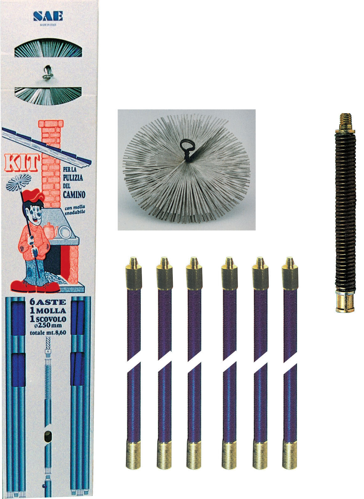 5254   KIT SPAZZACAMINO ASTE 8,60 M+MOLLA+SCOVOLO D 25 CM