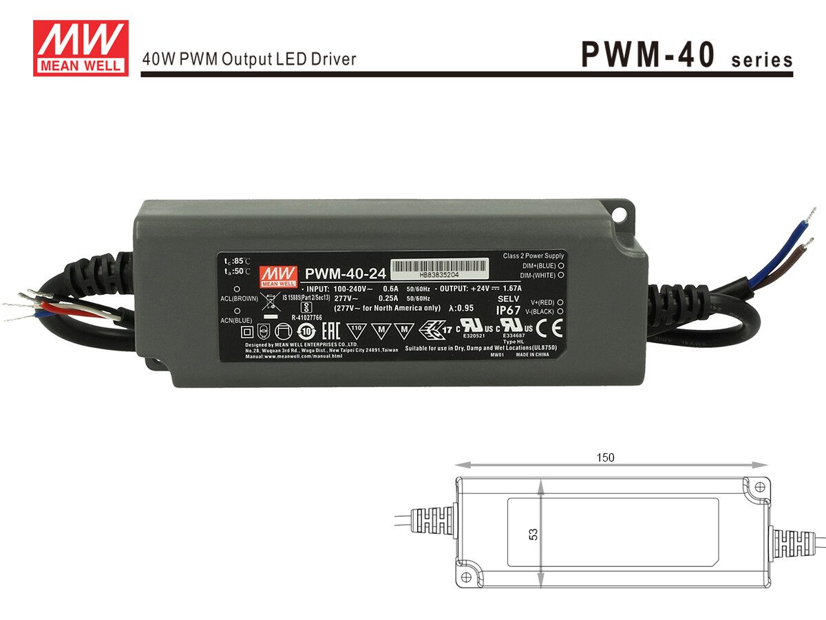 Alimentatore Led Meanwell PWM-40-24 Dimmerabile 40W 24V IP67 Dimming 3 in 1 0-10