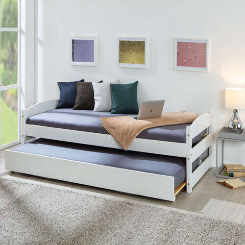 Letto in legno bianco con letto matrimoniale a scomparsa estraibile con doghe