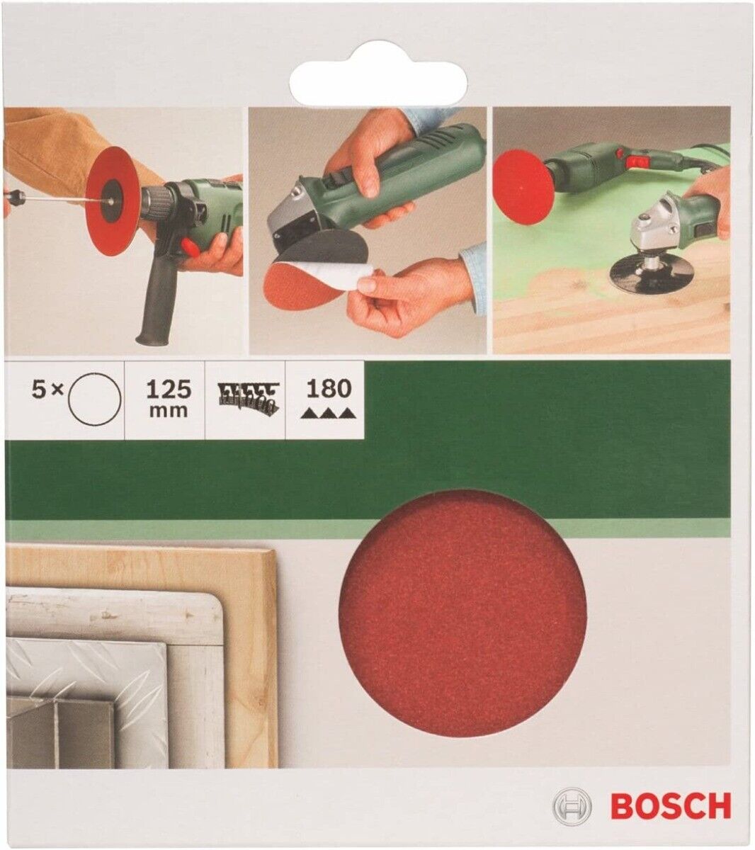 BOSCH - 5 FOGLI ABRASIVI PER SMERIGLIATRICE E TRAPANO REDWOOD 125MM GRANA 180