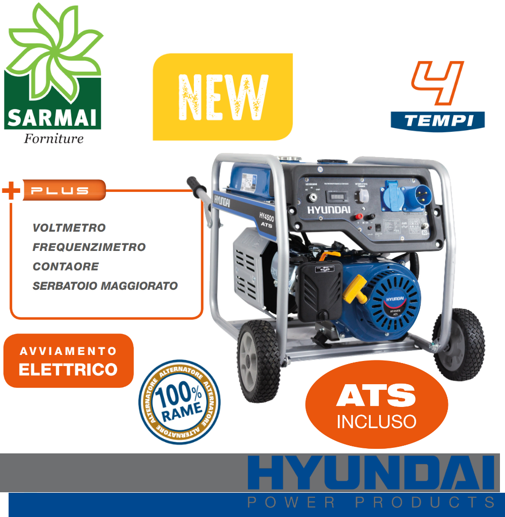 Hyundai HY4500E-ATS gruppo elettrogeno Generatore benzina carrellato 4 Kw 230V