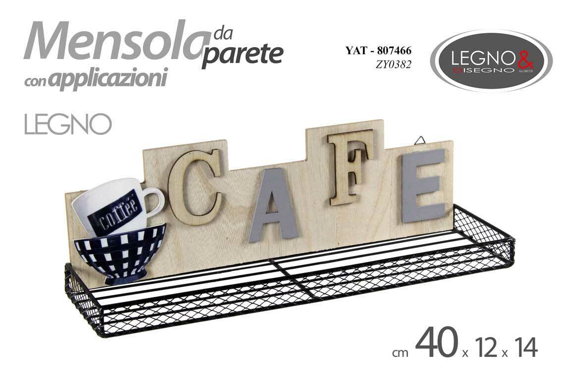 MENSOLA DA PARETE CUCINA BAR CAFFè METALLO LEGNO CLASSICO MODERNO 40*12*14 CM
