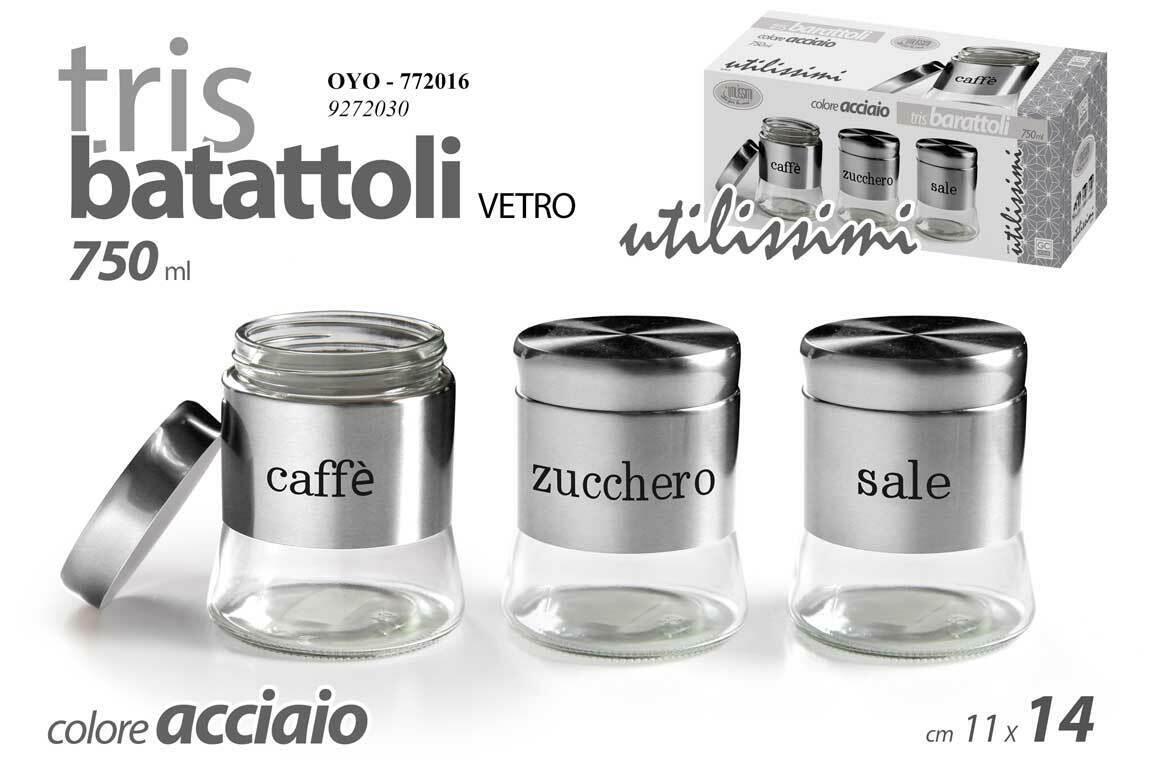 TRIS BARATTOLI VETRO COLOR ACCIAIO 11X14CM 750ML SALE-ZUCCHERO-CAFFE' OYO-772016