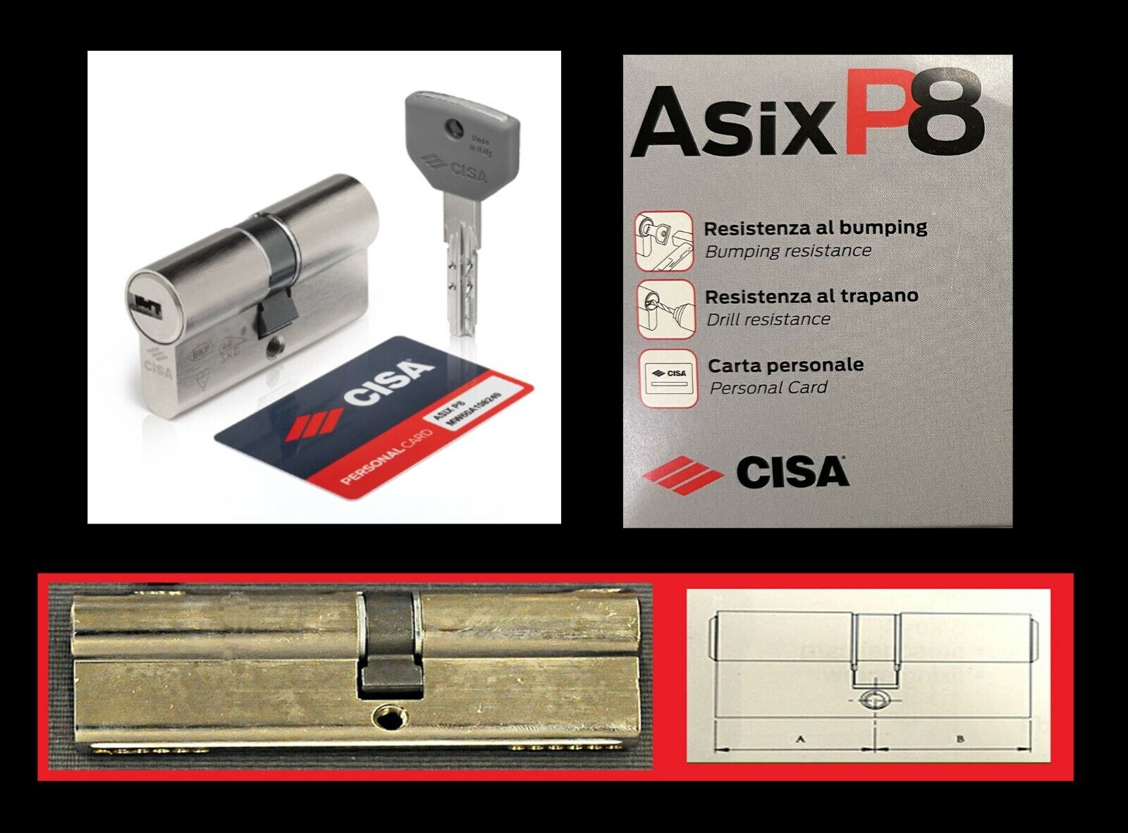 cilindro europeo Cisa Asix P 8   50 x 40  -------     5 chiavi + 1 cantiere
