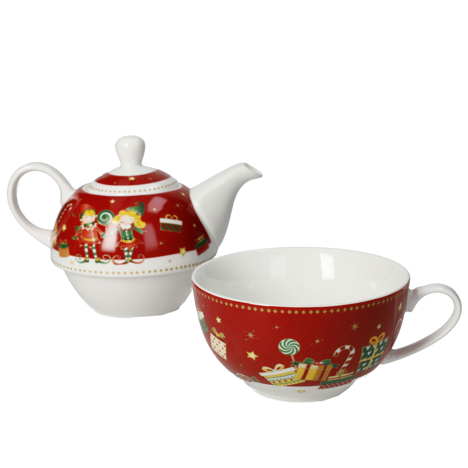 Brandani Teiera con tazza da the in ceramica bone china con decori natalizi Elfo