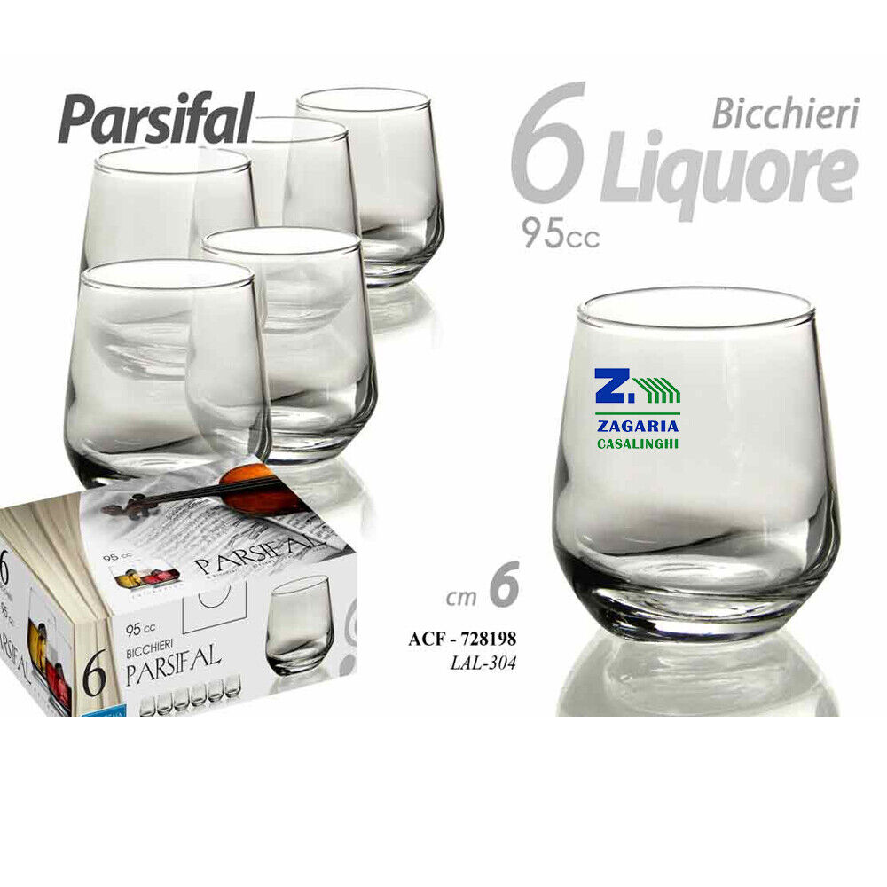 SET 6 BICCHIERI IN VETRO TRASPARENTE LIQUORE AMARO PARSIFAL 95 cc LINEA ELEGANT