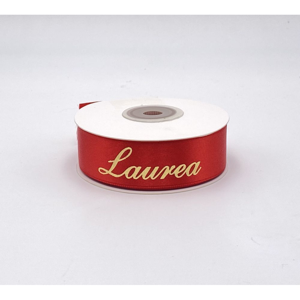 Nastro doppio raso ROSSO scritta Oro LAUREA 25 mm X 25 metri 13RO