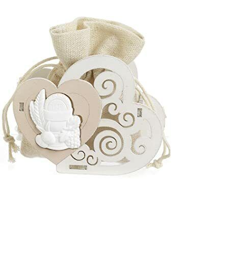 12 Bomboniere Comunione Sacchetto Stoffa con Cuore Calice e spighe in Legno 10cm