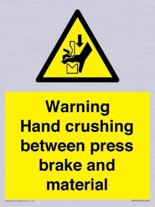 Segnale di avvertimento "Hand crushing between press brake and material sign" –