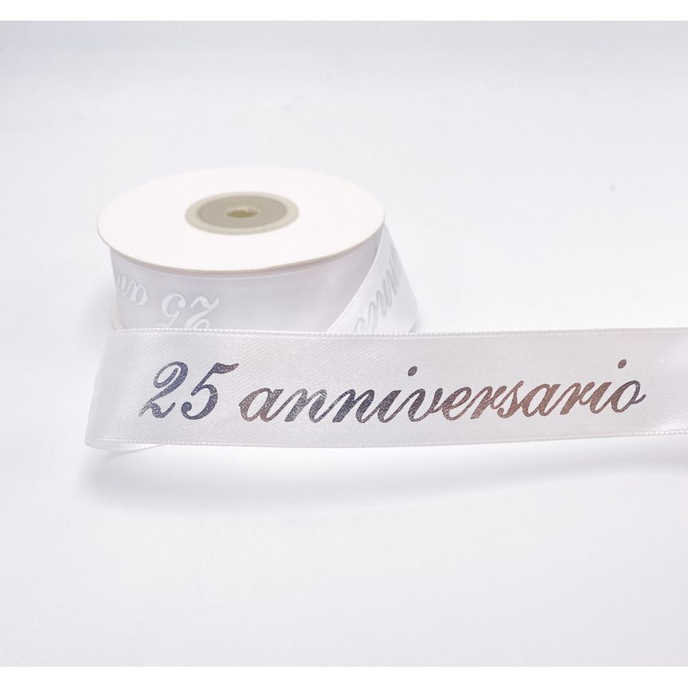 Nastro doppio raso scritta Argento 25 ANNIVERSARIO 25 mm x 25 metri 13RK