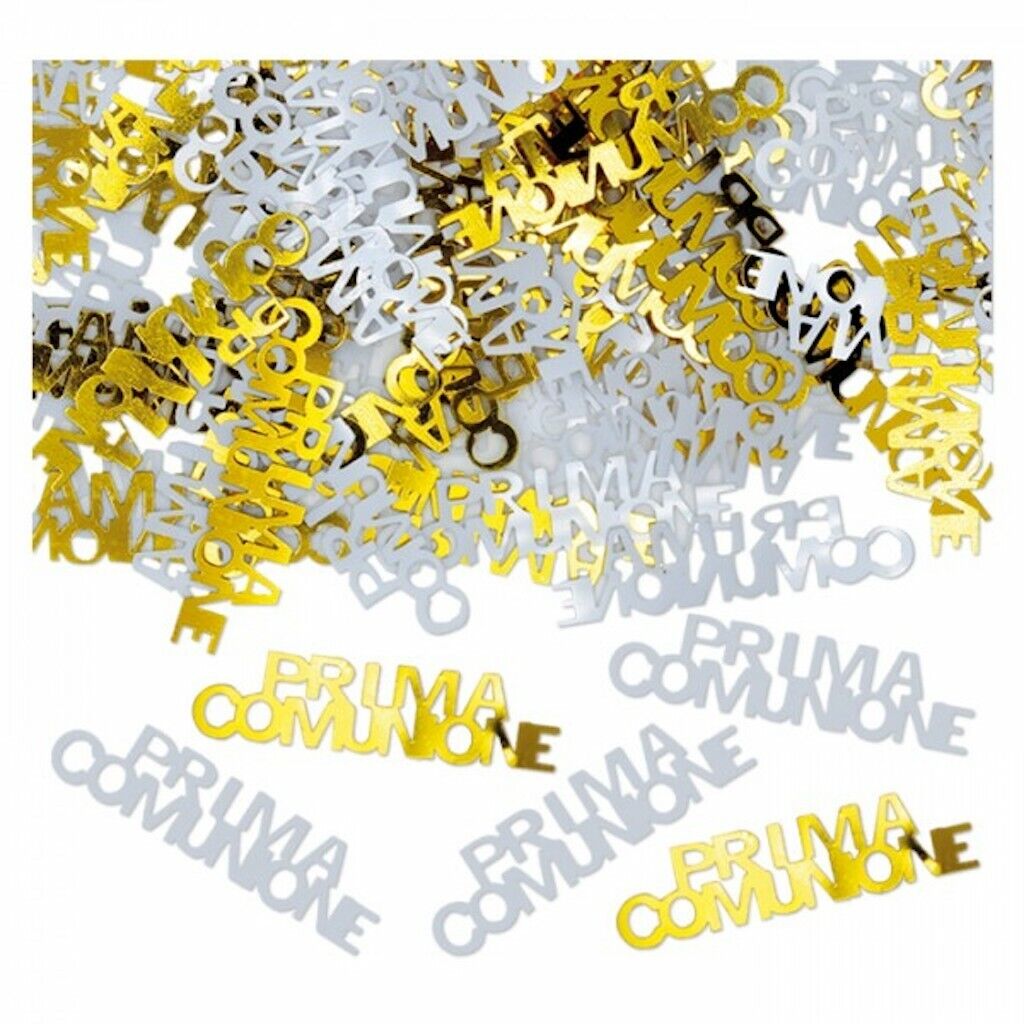 BUSTA CORIANDOLI 15GR SOGGETTI SCRITTA COMUNIONE PVC DECORATIVA DECORO PARTY