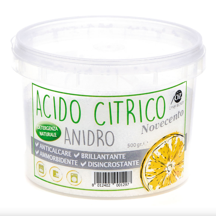 NOVECENTO Acido Citrico ANIDRO, anticalcare, ammorbidente, brillantante, 500gr.