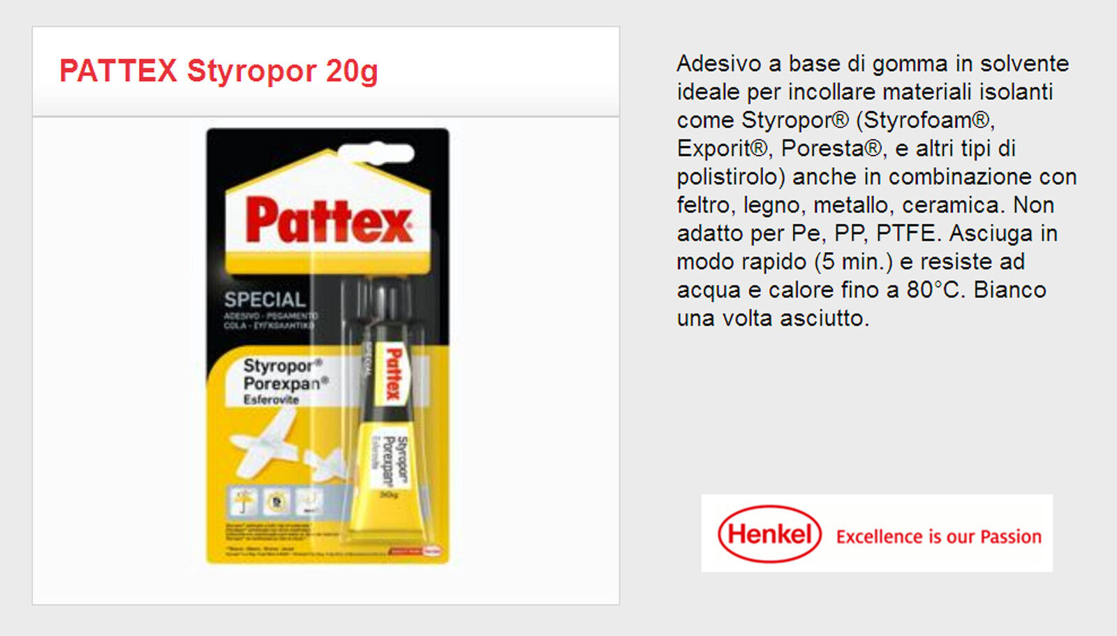 Adesivo a base di gomma in solvente HENKEL - PATTEX Styropor 20g