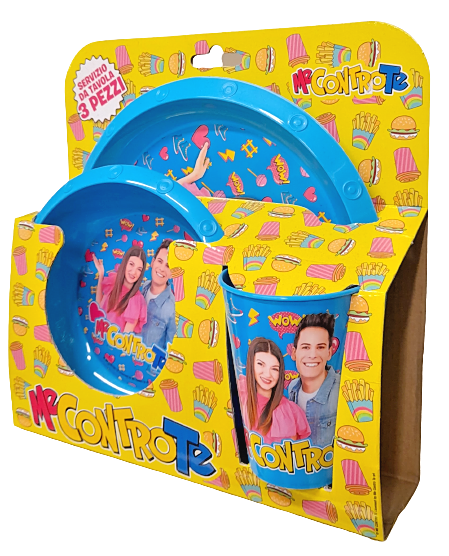 ME CONTRO TE set pappa bicchiere+ piatto piano + scodella plastica azzurro