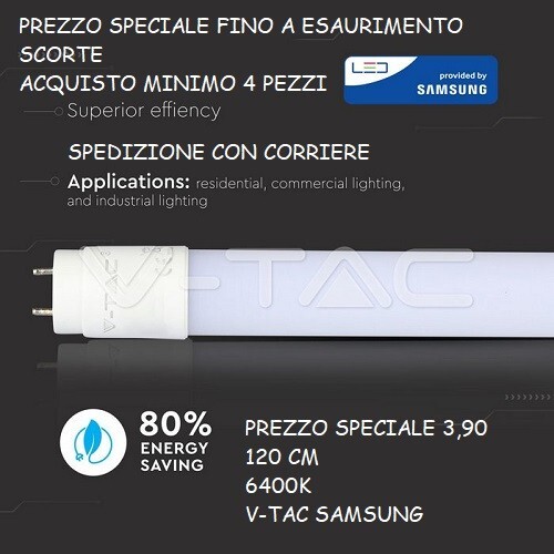 Tubo LED 120cm neon V-tac pro Chip SAMSUNG 18W G13  Plastica 6400K luce fredda