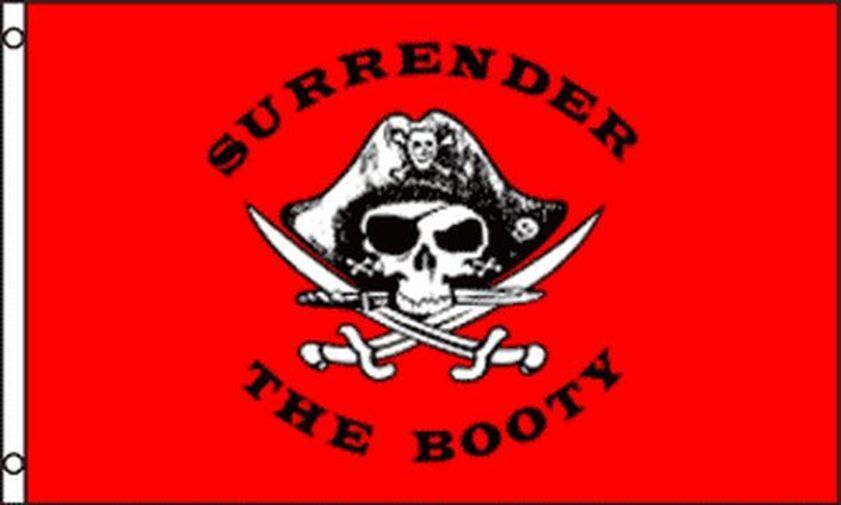BANDIERA PIRATA RENDETE IL BOTTINO ROSSO 150x90cm - BANDIERA DEI PIRATI - TESCHI