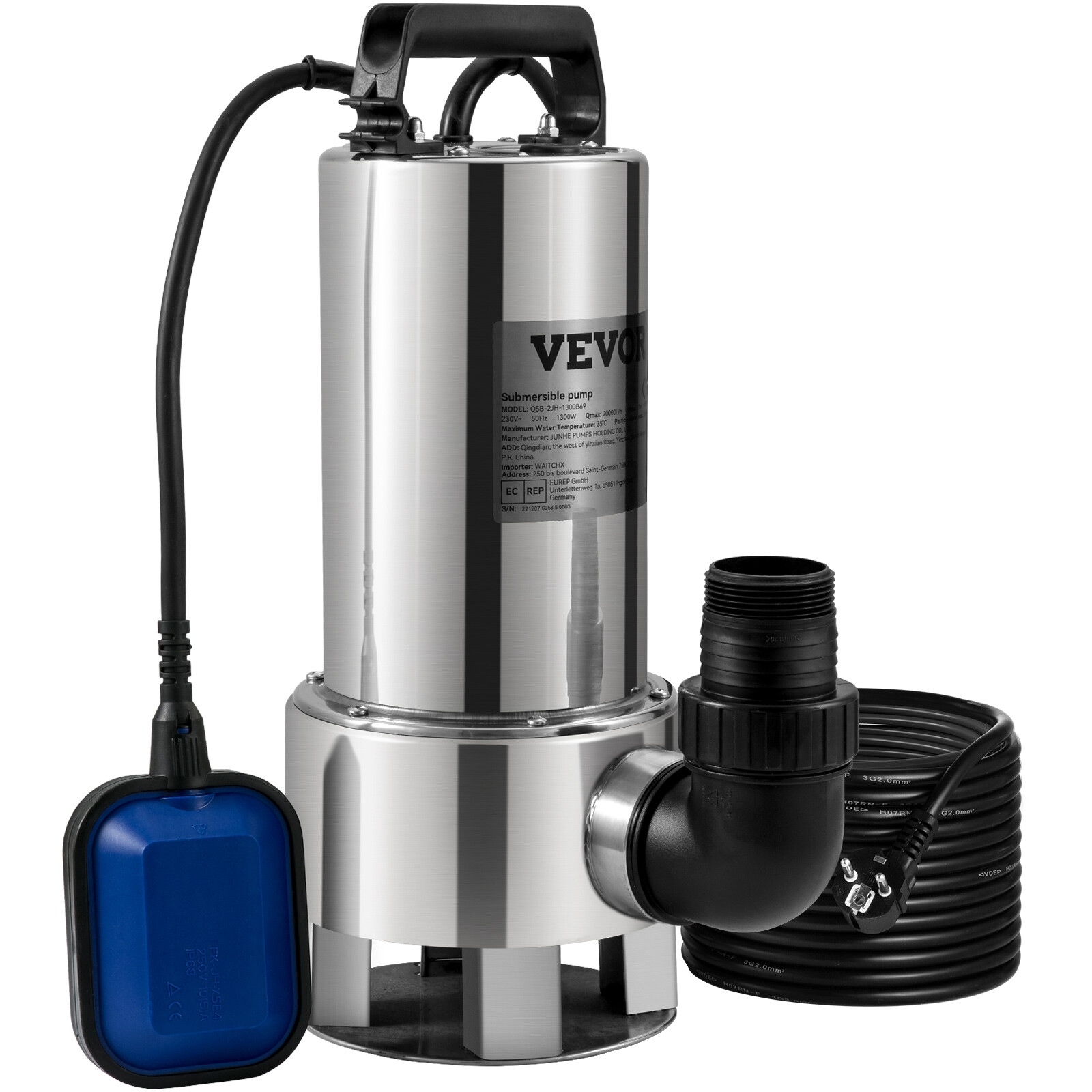VEVOR Pompa Sommersa Elettrica da Drenaggio per Acqua Sporca 1300W da Giardino
