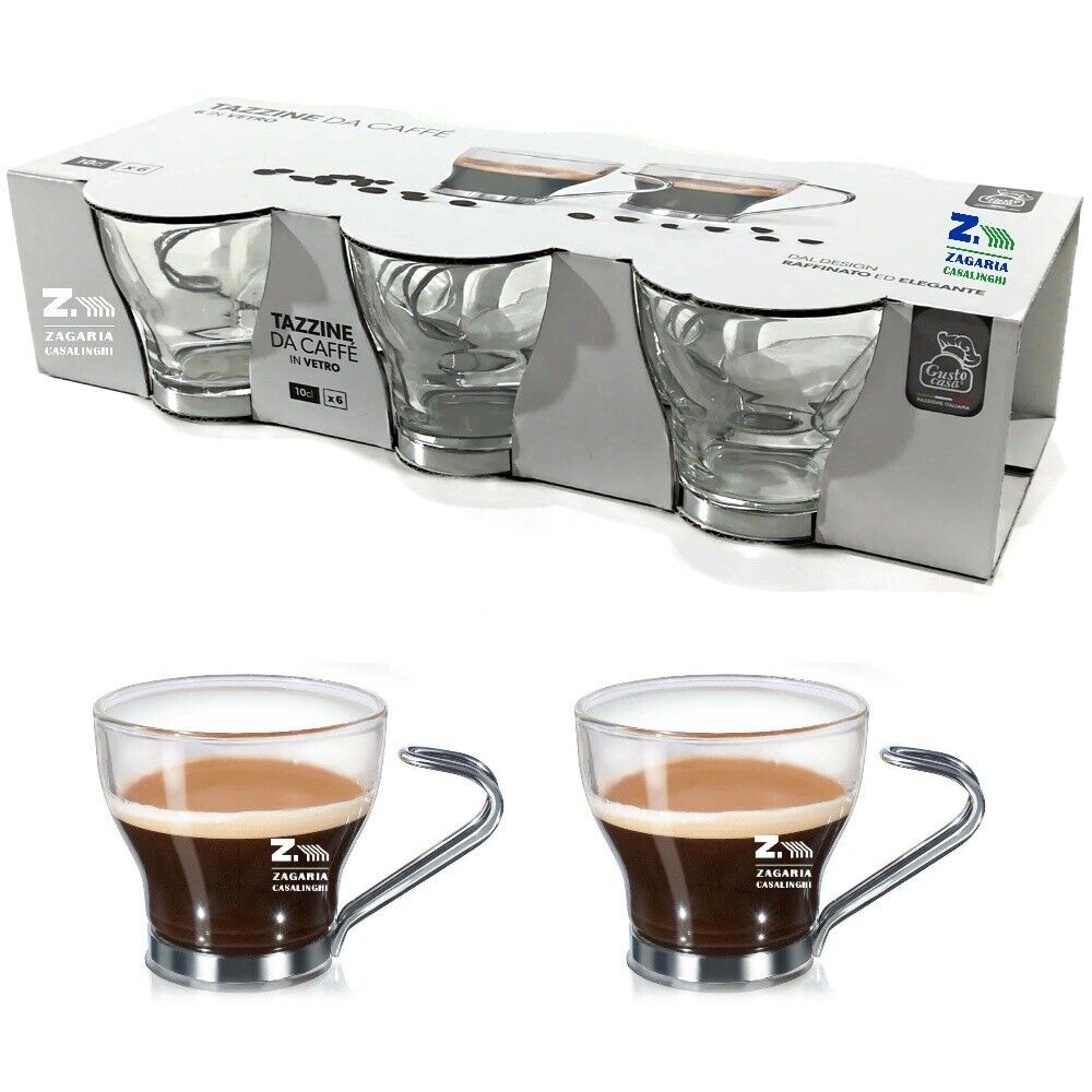 SET 6 PZ TAZZE TAZZINE IN VETRO PER ESPRESSINO CAFFE' 10 CL MANICO METALLICO