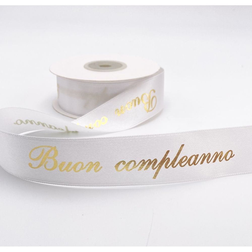 Nastro doppio raso scritta Oro BUON COMPLEANNO 25 mm x 25 metri 13RM