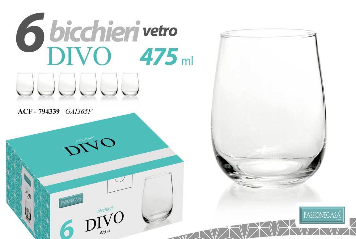 SET 6 BICCHIERI ACQUA VINO ROSSO BIANCO VETRO MODERNO DA TAVOLA DIVO 475 ML