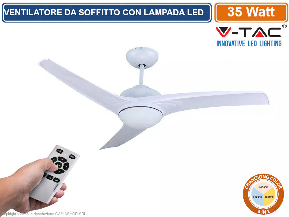 V-TAC VT-6055-3 VENTILATORE DA SOFFITTO 35W LAMPADA LED 15W 3IN1 CAMBIA COLORE