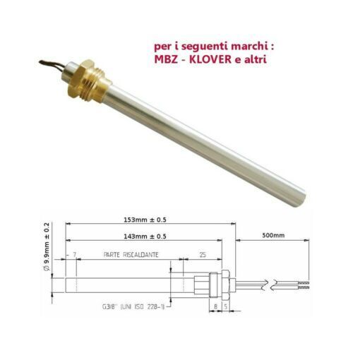 Resistenza Candeletta Stufe a Pellet 3/8 250W 153mm MBZ KLOVER 143mm battuta