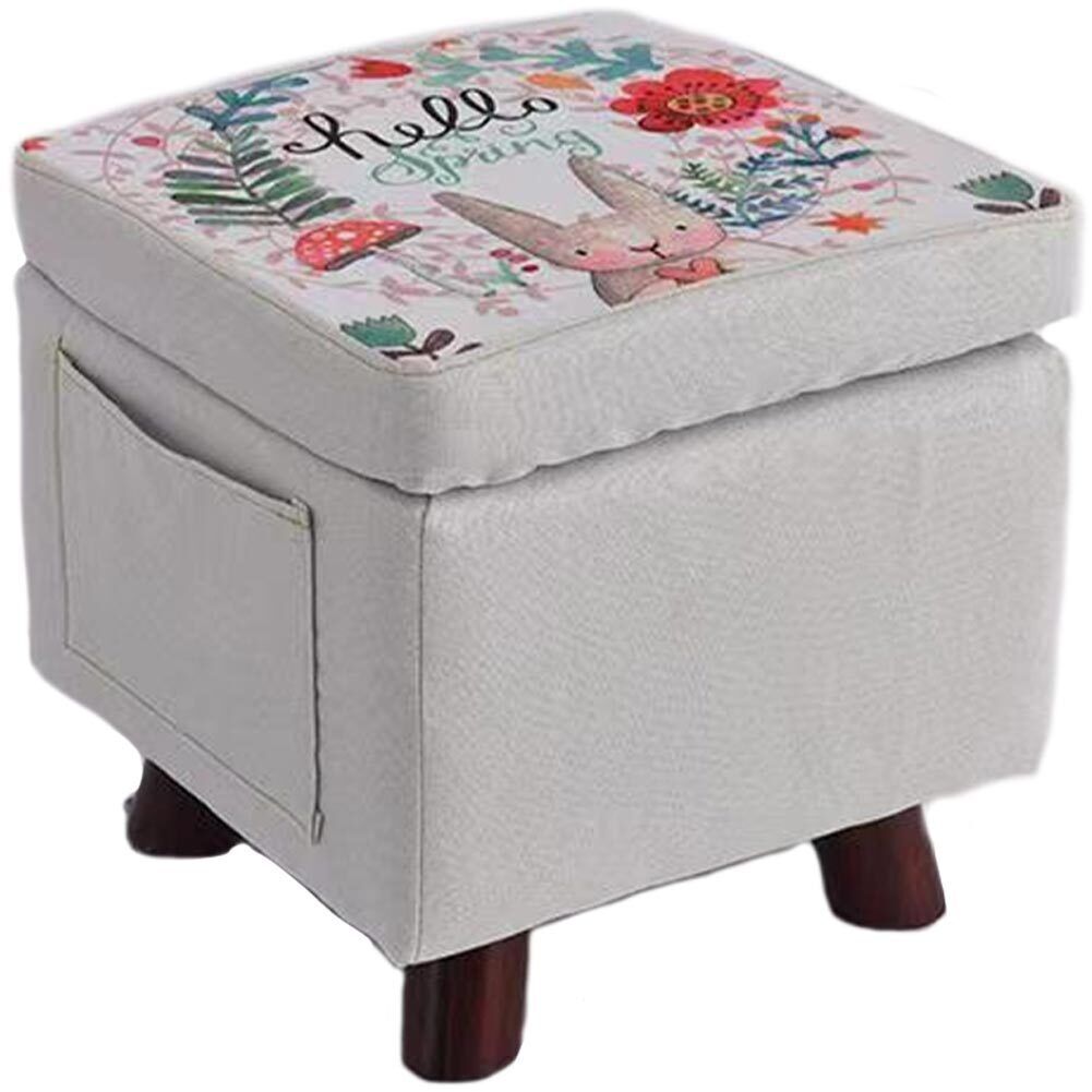 Pouf Contenitore in Legno e Tessuto Sgabello Multiuso Poggiapiedi Baule Grigio