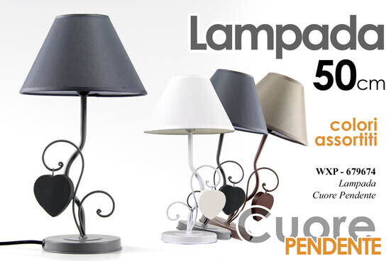 LAMPADA 50 CM LUMETTO ABAT JOUR TAVOLO SCRIVANIA COMODINO METALLO CUORE PENDENTE