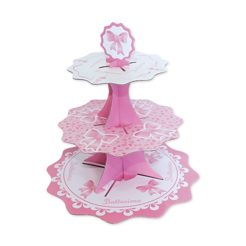 Alzatina 3 piani Cm. 35-26-21 - Battesimo rosa