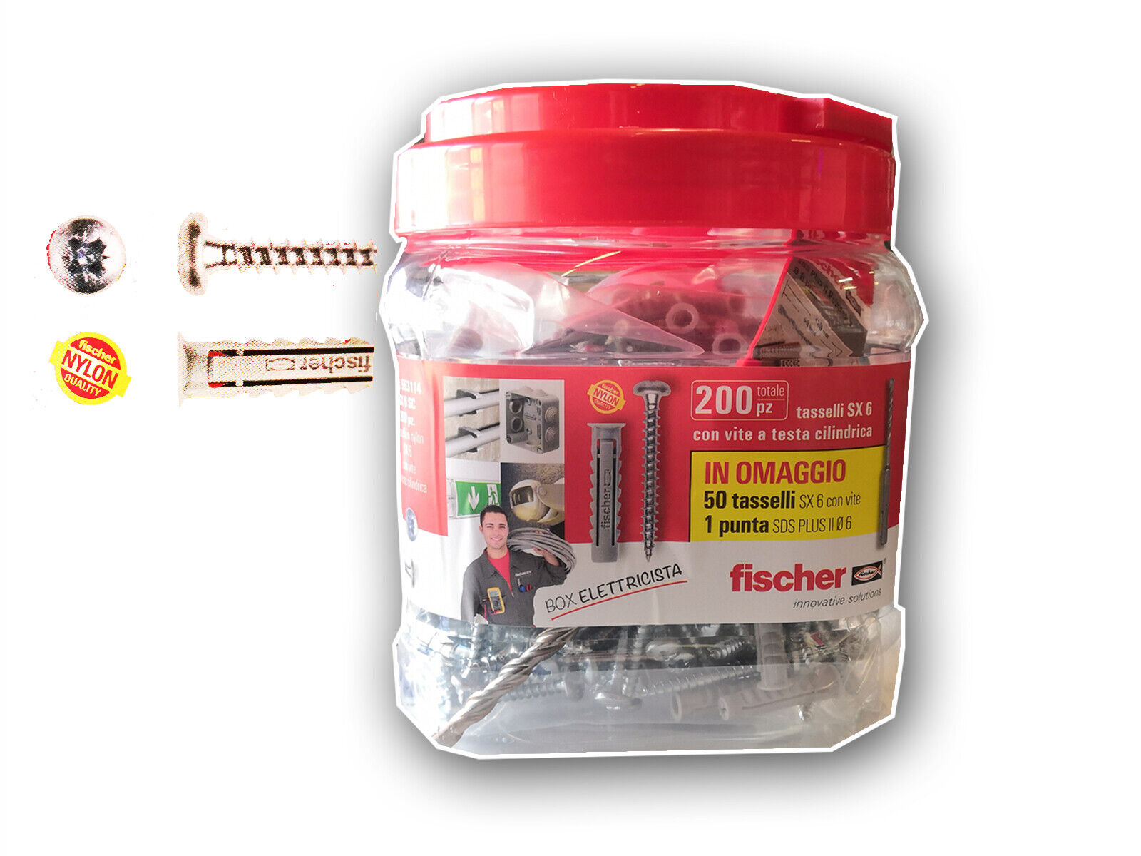 200 TASSELLI FISCHER CON VITE SX 6 S TESTA CILINDRICA + PUNTA SDS 6. Art. 553114
