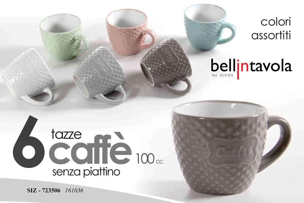 SET 6 TAZZINE CAFFE SENZA PIATTINO COLORI ASSORTITI DECORO CAFFE SIZ-723506