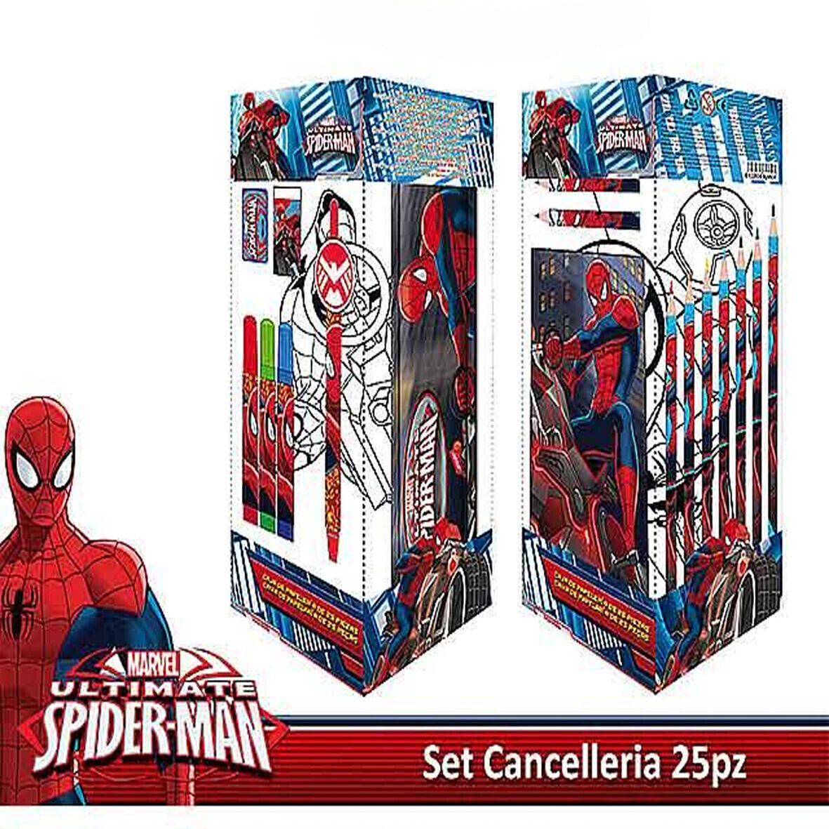 SPIDERMAN UOMO RAGNO set CUBO scrivania scuola 25 pezzi cancelleria 1 penna+2