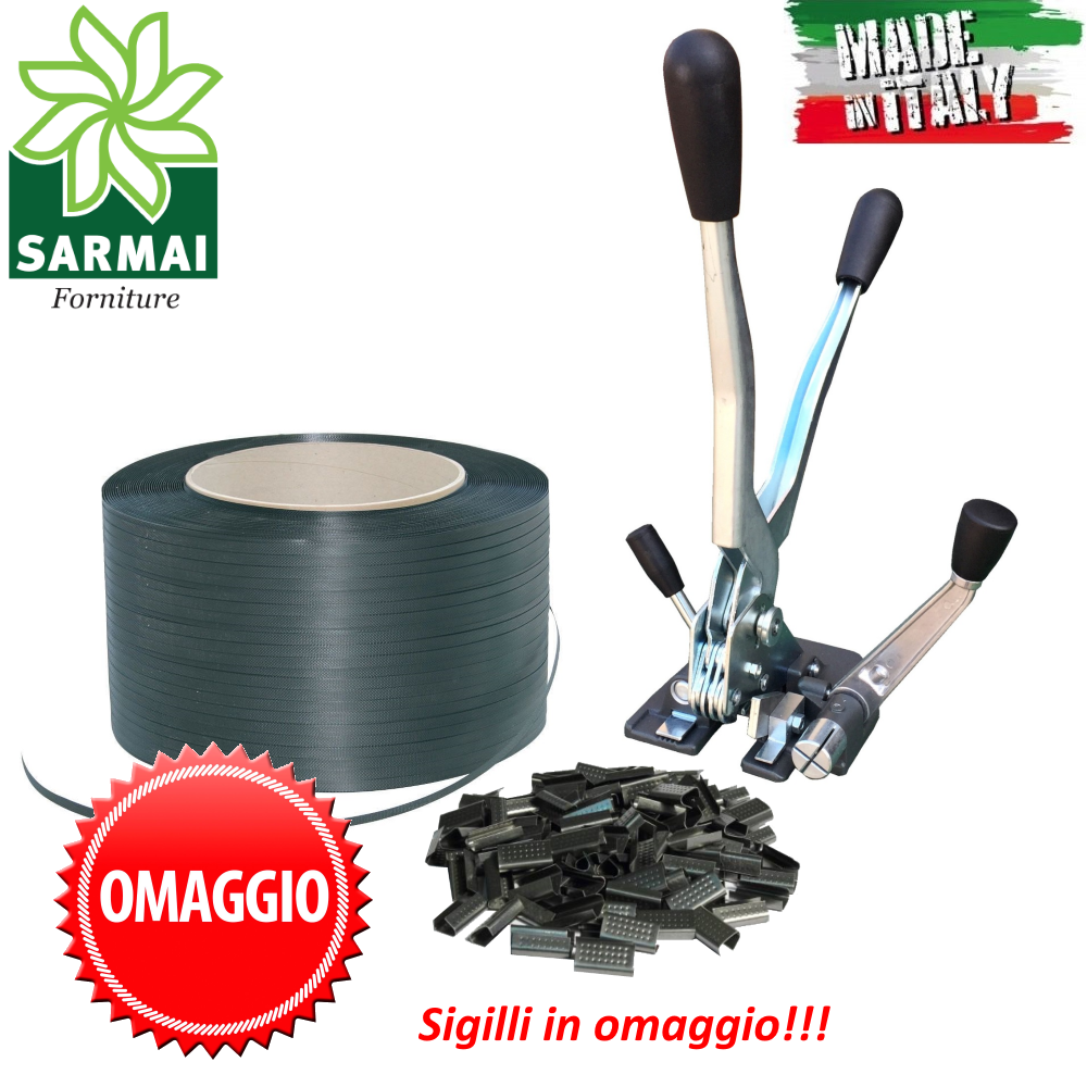 KIT REGGITURA ROTOLO REGGETTA REGGIA 15 mm 750 m TENDIREGGIA MANUALE + SIGILLI