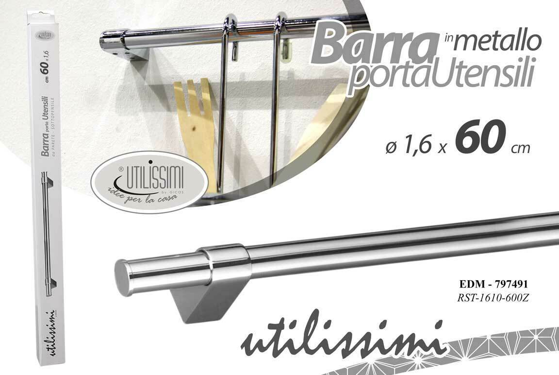 BARRA DA CUCINA SOTTO PENSILE PORTA MESTOLI UTENSILI METALLO CON STAFFE 60 CM
