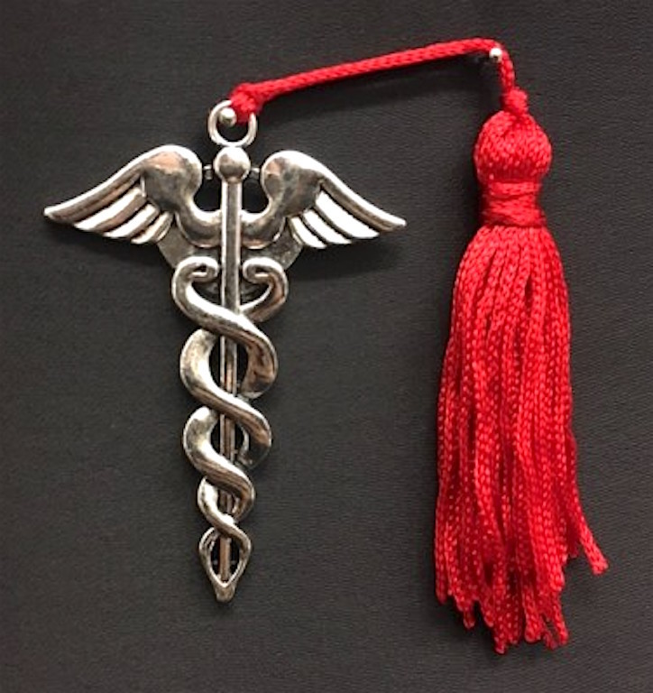 BOMBONIERA CIONDOLO CADUCEO METALLO ZAMA E NAPPA ROSSA LAUREA MEDICINA FARMACIA
