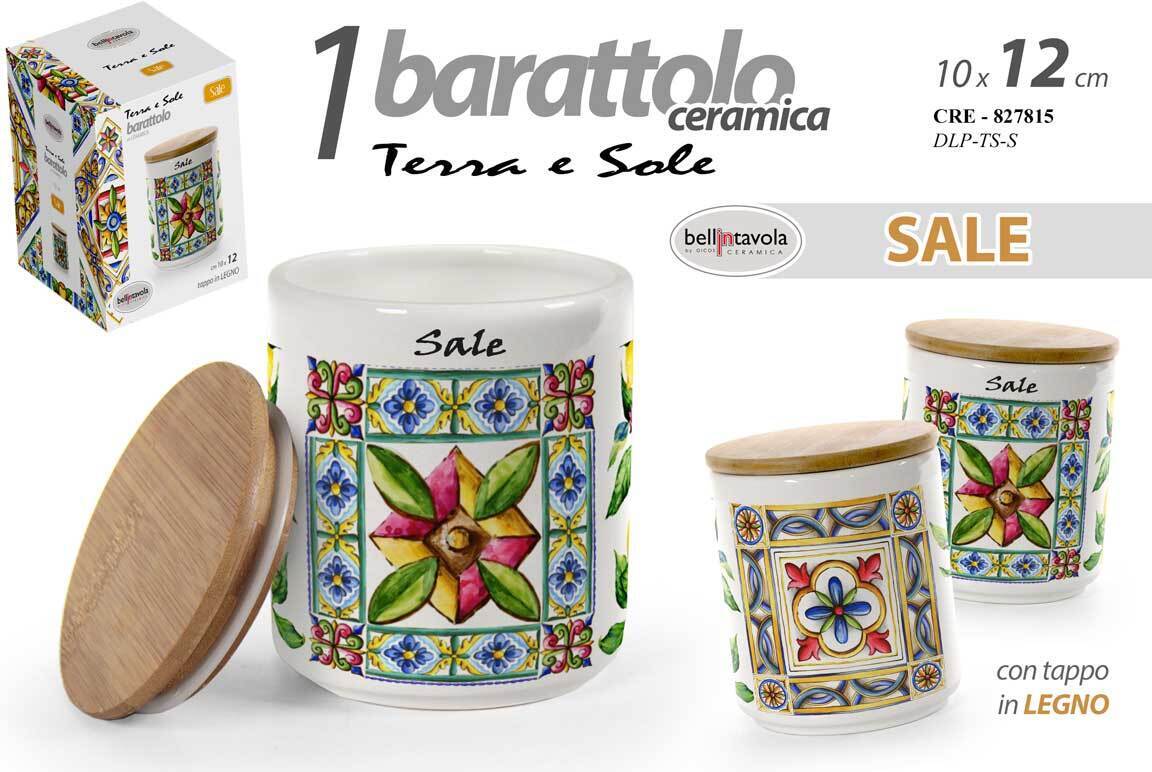 BARATTOLO SALE CERAMICA TAPPO LEGNO ERMETICO CUCINA TERRA E SOLE 12*10 cm