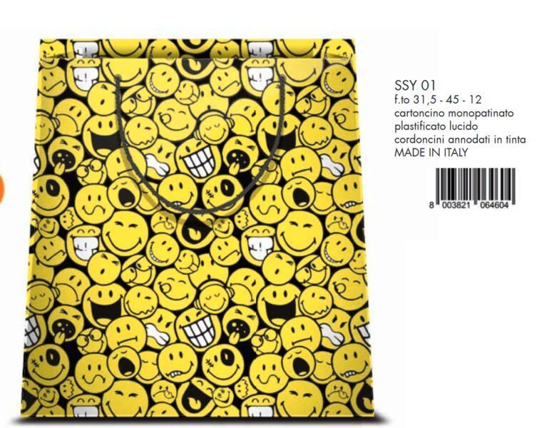 4 PEZZI Busta Shopper regalo Smiley Emoticon in cartoncino 33x45.5x10 cm 0DJG