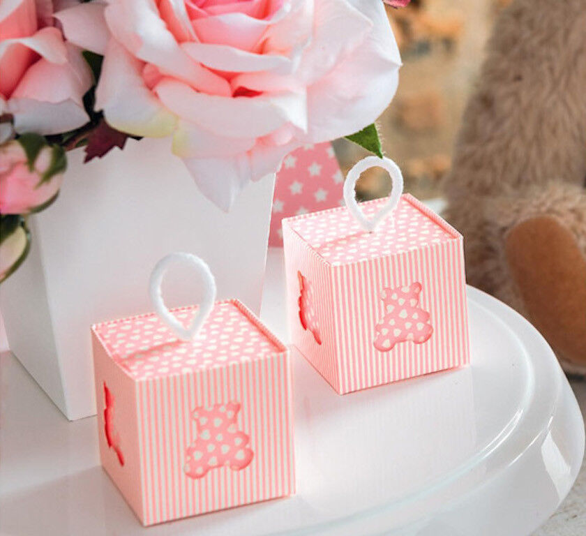 BOMBONIERA SET 10 PEZZI SCATOLA PORTACONFETTI ORSETTO ROSA BATTESIMO NASCITA