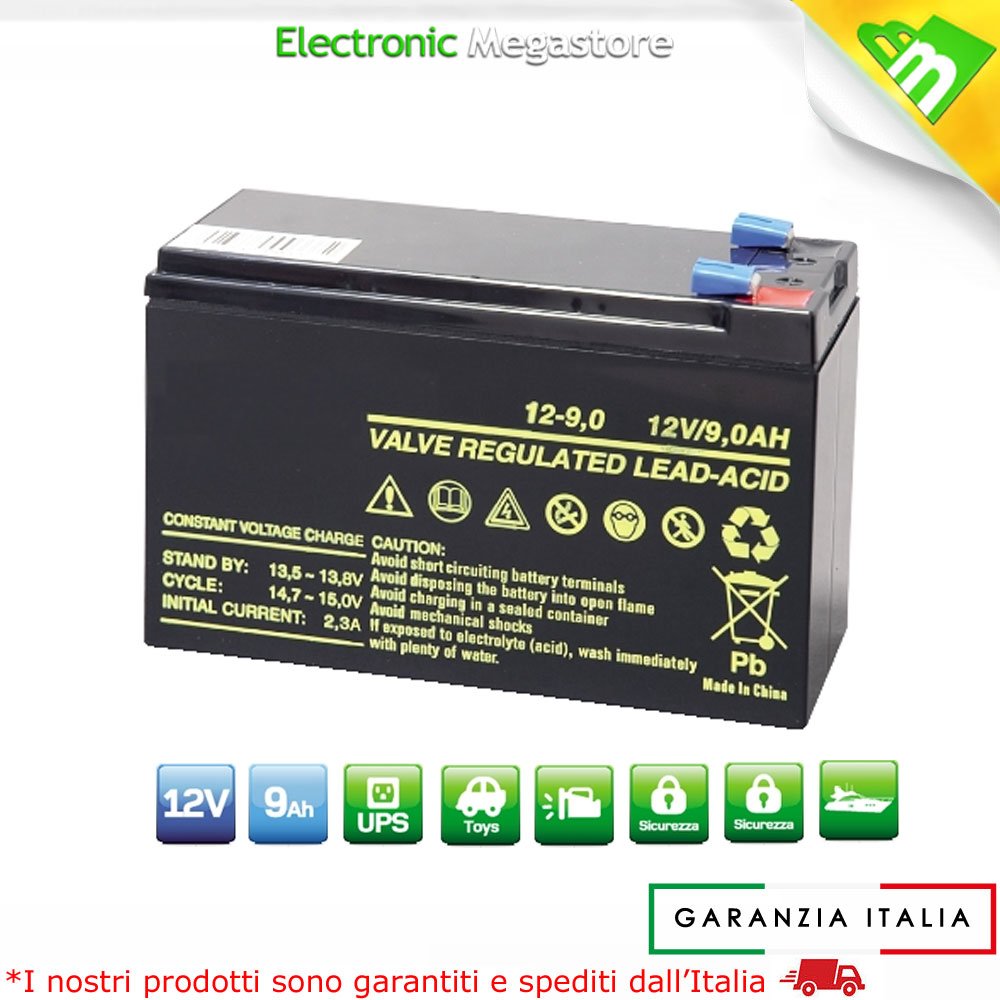 BATTERIA 12V 9A PIOMBO GEL ERMETICA ALLARMI UPS ELETTRONICA 9AH 9,5A CARROZZINA