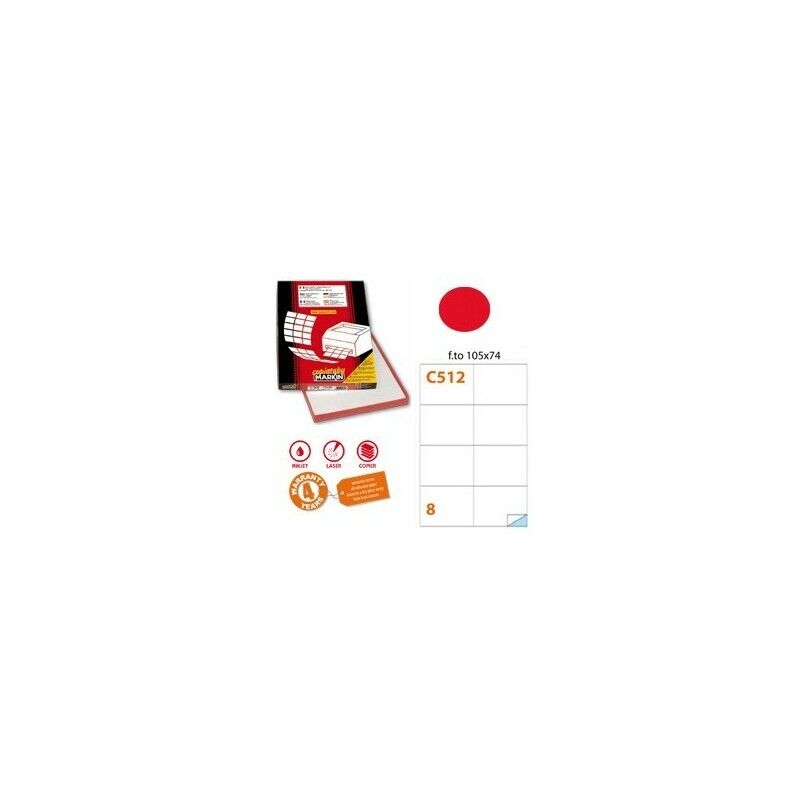 Etichetta Adesiva C/512 ROSSO Fluo 100Fg A4 105x74 mm (8 Et/Fg) MARKIN