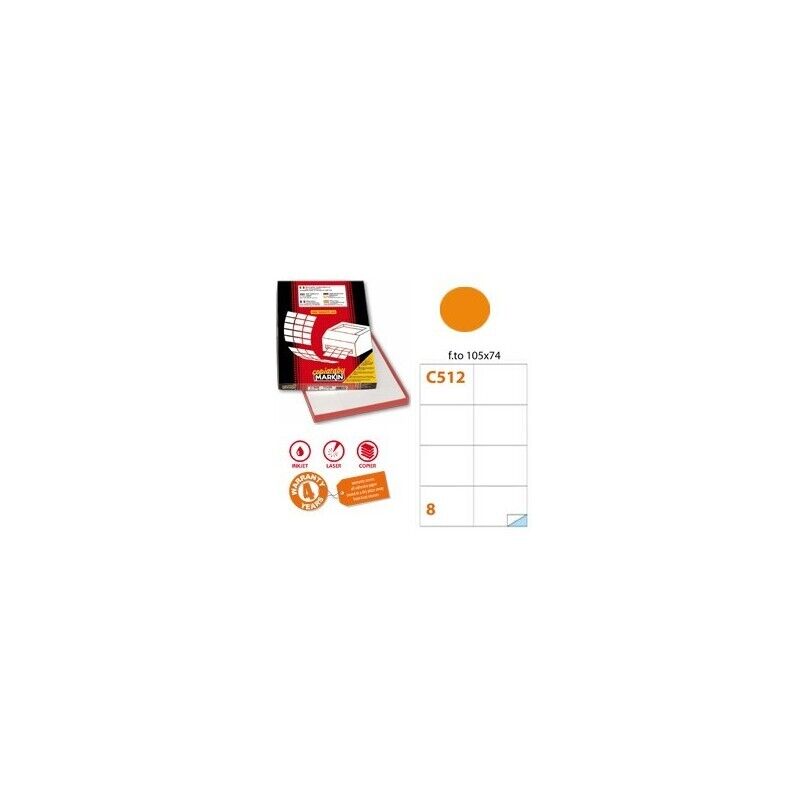 Etichetta Adesiva C/512 ARANCIO Fluo 100Fg A4 105x74 mm (8 Et/Fg) MARKIN