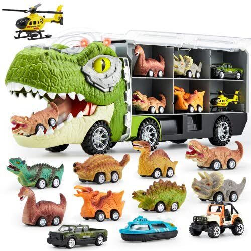 JOYIN 13 Pcs Dinosaur Toy Car Transporter for Kids, con 12 veicoli (V8d)