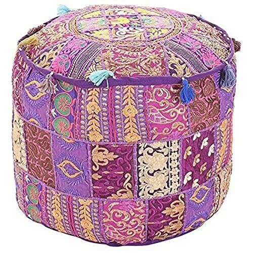 Aakriti Indian Pouf Footstool with Embroidery Pouf, Indian Cotton, Pouf, (r6A)