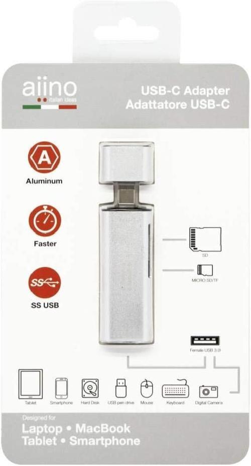Aiino - 4 in 1 USB-C + SD/TF Card Reader + USB 3.0 - Silver