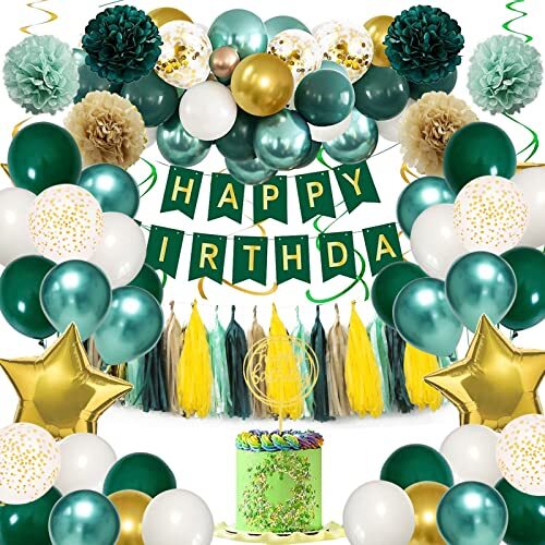Palloncini Addobbi Compleanno Verde e Oro, Decorazioni per Festa Ragazza (A5G)
