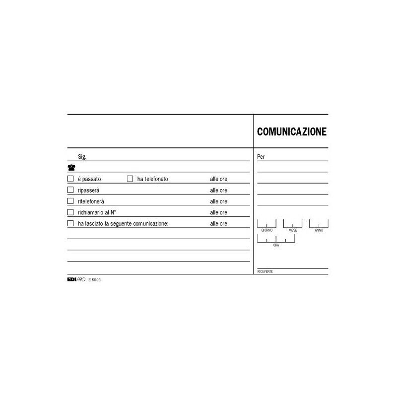 Blocco COMUNICAZIONI TELEFONICHE 100 Fg. Uso mano da 9.9x17 cm E5693 EDIPRO